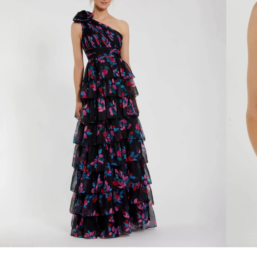 Black Floral Chiffon One Shoulder Tiered Ruffle Gown